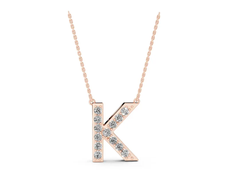 Round Lab-Grown Diamond Pavé Initial K Pendant Necklace | Block Letter | Rose Gold
