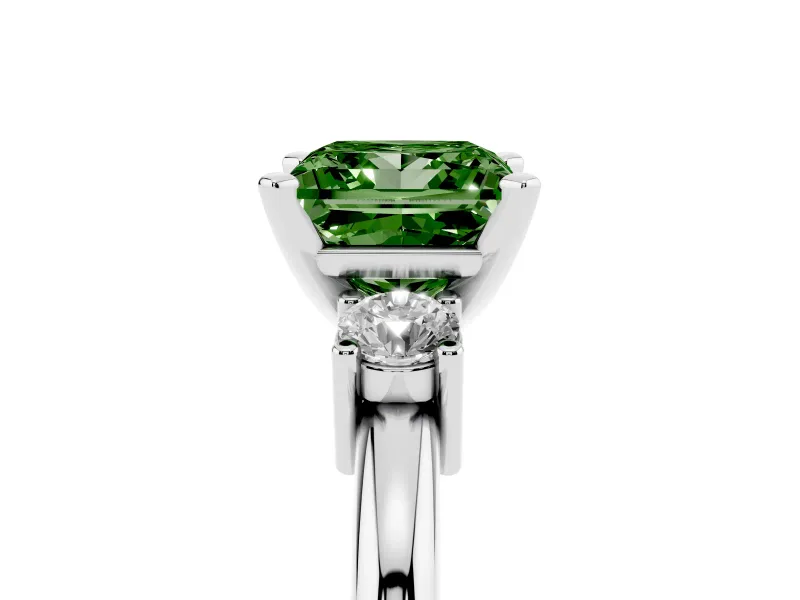 Fancy Green Three-Stone Princess Cut Diamond Ring Set in Silver with Prong Setting and Plain Band