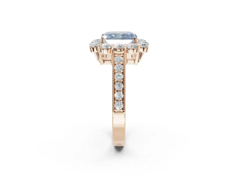 Radiant Cut Vintage Halo Engagement Ring Setting for a Fancy Blue Lab-Grown Diamond | Milgrain Channel Band | Rose Gold