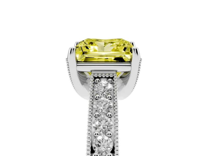 Fancy Yellow Princess Cut Diamond Solitaire Ring Set in Silver with Milgrain-Edged Pavé Band and Prong Setting