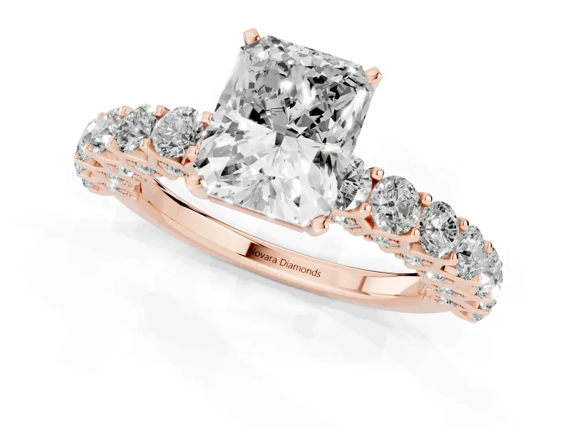 Radiant Cut Shared Prong Engagement Ring Setting | Two-Row Band | Rose Gold