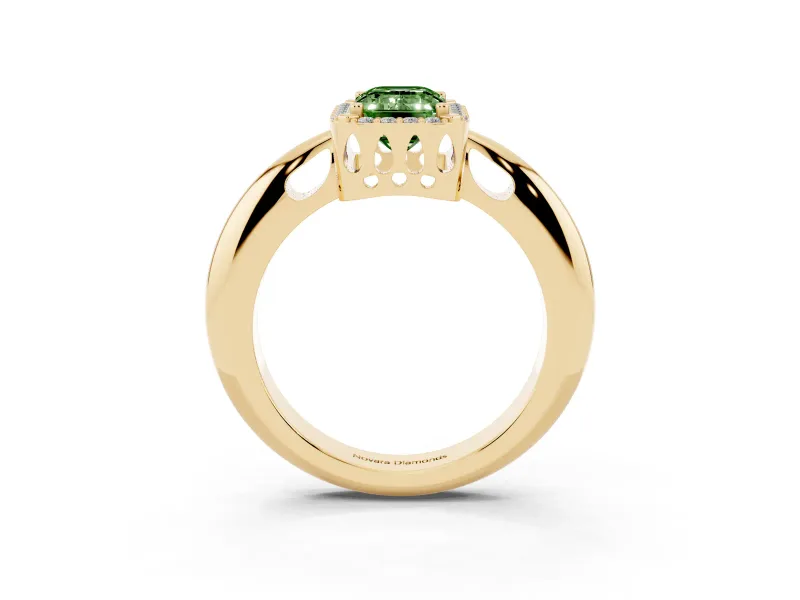 Fancy Green Emerald Cut Diamond Halo Engagement Ring Set in Yellow gold with Plain Split Shank and Prong Setting