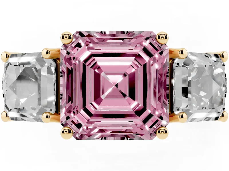 Asscher Cut Three Stone Engagement Ring Setting for a Fancy Pink Lab-Grown Diamond | Accented Shoulders | Yellow Gold