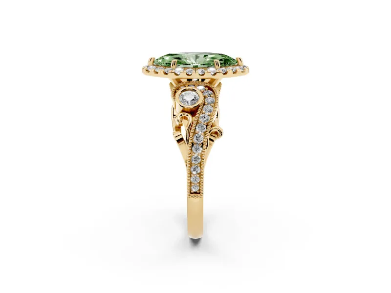 Fancy Green Marquise Cut Diamond Halo Ring Set in Yellow gold with Milgrain Pavé Band and Prong Setting