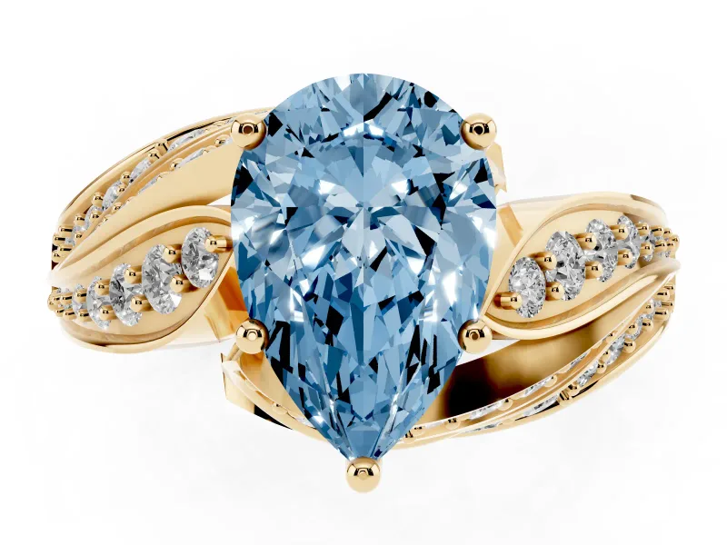 Fancy Blue Pear Cut Diamond Solitaire Ring Set in Yellow gold with Layered Twist Pavé Band