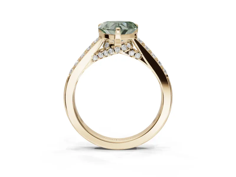Heart-Shaped Pavé Engagement Ring Setting for a Fancy Green Lab-Grown Diamond | Crossover Gallery | Yellow Gold