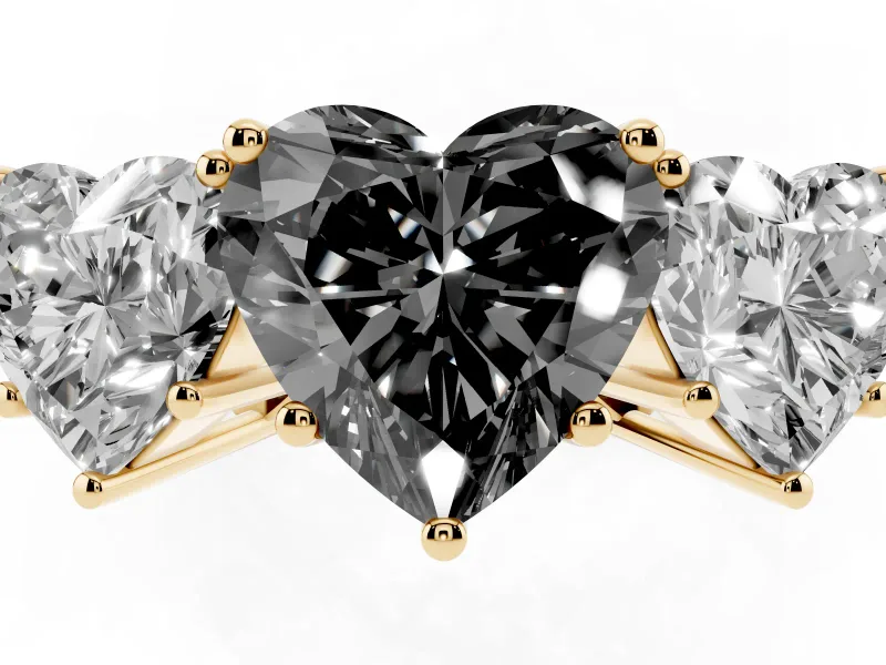 Heart-Shaped Three Stone Engagement Ring Setting for a Black Center | Beaded Shoulders | Yellow Gold