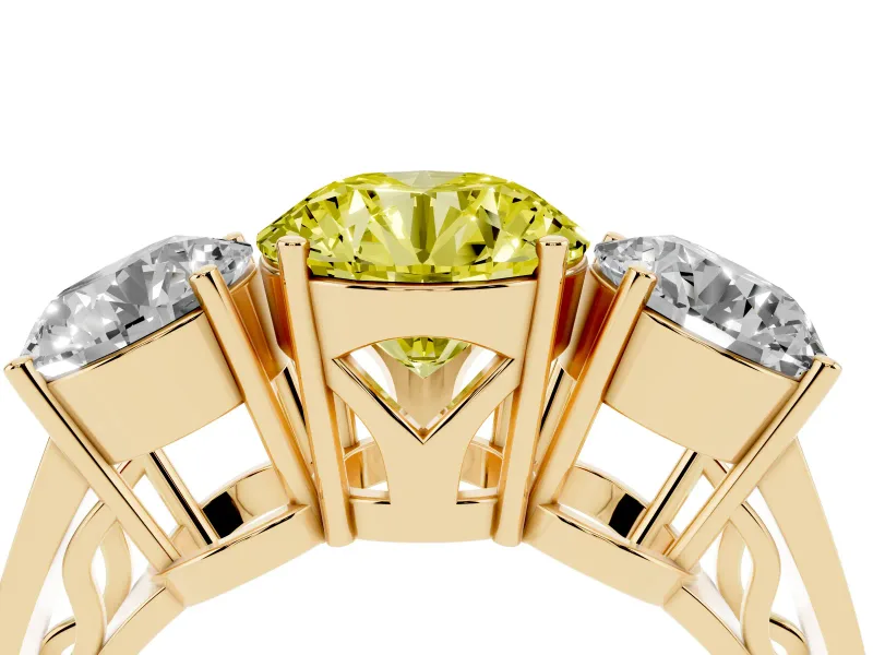 Round Engagement Ring Setting for a Fancy Yellow Lab-Grown Diamond | Three Stone | Yellow Gold