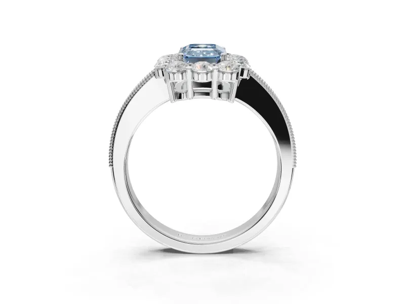 Emerald Cut Vintage Halo Engagement Ring Setting for a Fancy Blue Lab-Grown Diamond | Platinum