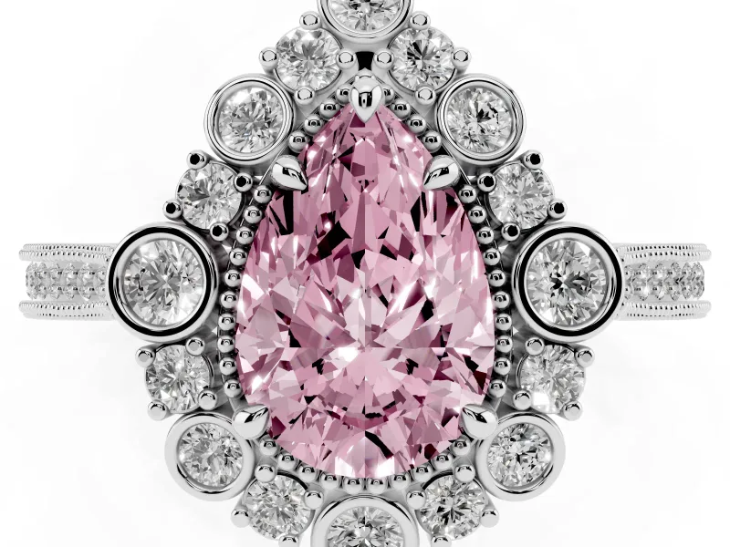 Fancy Pink Pear Cut Diamond Halo Milgrain Pavé Ring Set in Silver with Prong Setting