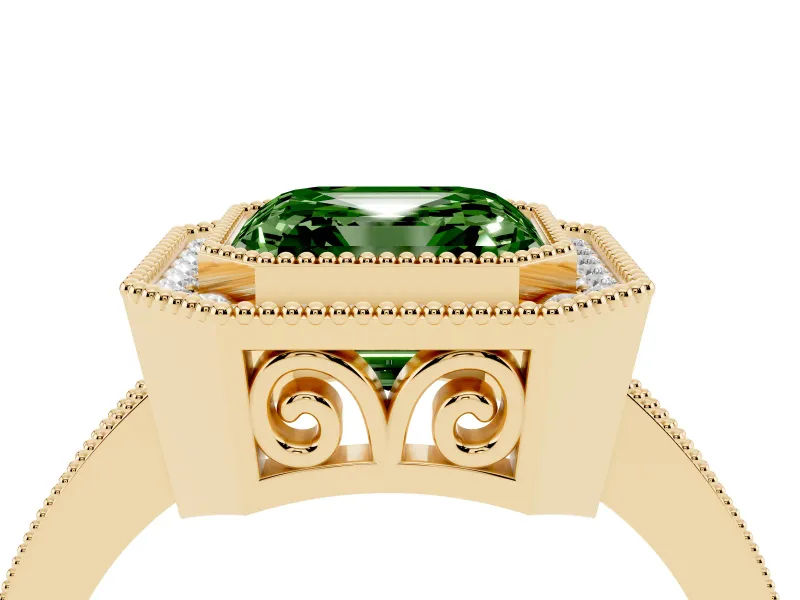 Fancy Green Asscher Cut Diamond Halo Ring Set in Yellow gold with Pavé Band and Milgrain-Edged Prongs