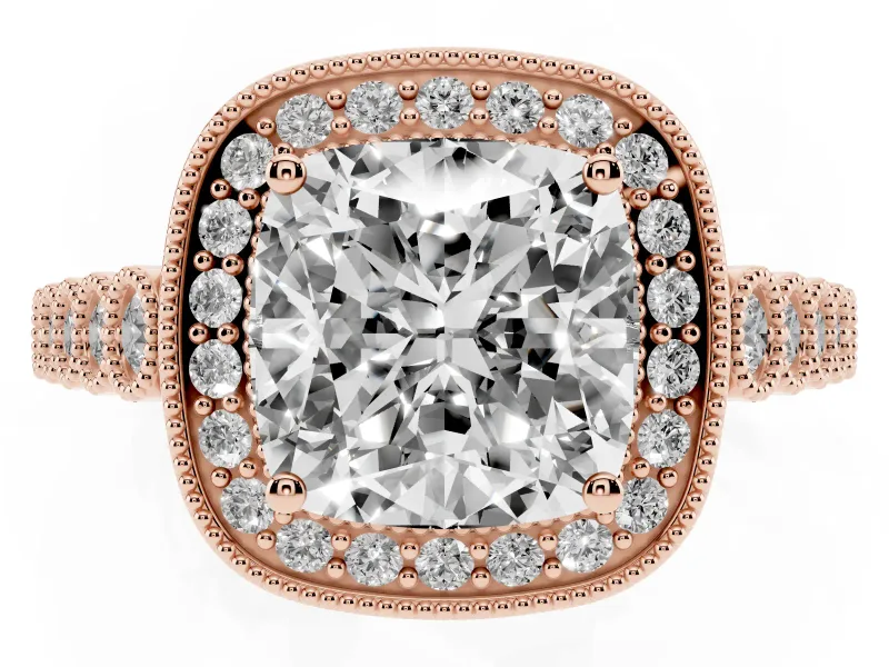 Cushion Cut Milgrain Halo Engagement Ring Setting | Graduated Bezel Accents | Rose Gold