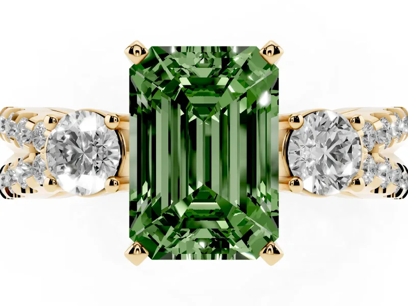 Fancy Green Emerald Cut Diamond Three-Stone Ring Set in Yellow gold with Pavé Split Shank and Prong Setting
