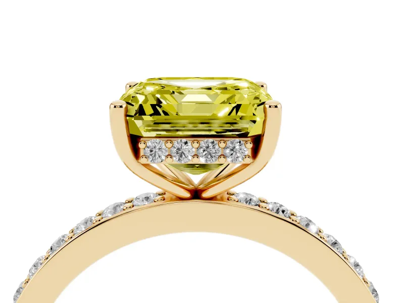 Fancy Yellow Asscher Cut Diamond Pavé Band Ring Set in Yellow gold with Prong-Set Center Stone
