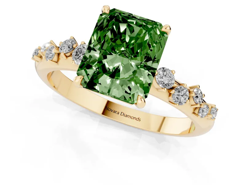 Fancy Green Radiant Cut Diamond Cluster Solitaire Ring Set in Yellow gold with Prong Setting