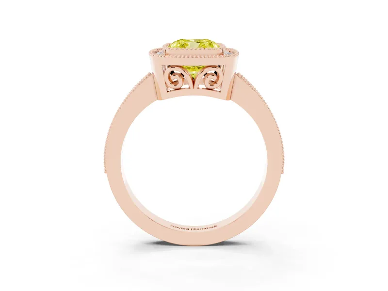 Fancy Yellow Cushion Cut Diamond Halo Ring Set in Rose gold with Pavé Band and Milgrain-Edged Prongs
