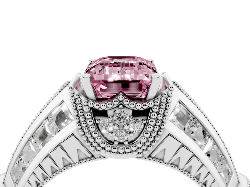 Fancy Pink Emerald Cut Diamond Vintage-Inspired Milgrain Ring Set in Silver with Accent Split Shank
