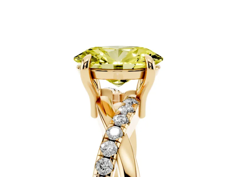Fancy Yellow Oval Cut Diamond Twist Band Solitaire Set in Yellow gold with Pavé Accents and Prong Setting