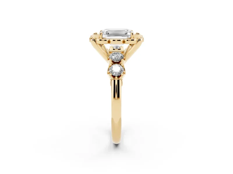 Emerald Cut Floral Engagement Ring Setting | Petal Frame and Side Stones | Yellow Gold