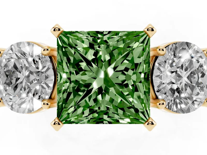 Princess Cut Three Stone Engagement Ring Setting for a Fancy Green Lab-Grown Diamond | Wide Plain Band | Yellow Gold