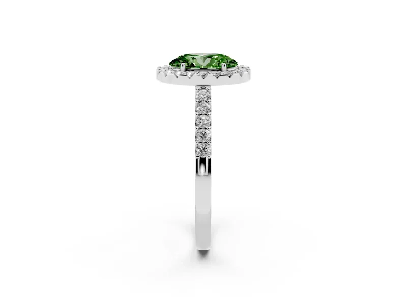 Fancy Green Oval Cut Diamond Halo Pavé Solitaire Ring Set in Silver with Prong-Set Center Stone