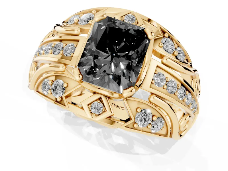 Radiant Cut Art Deco Graduated Engagement Ring Setting for a Black Center | Yellow Gold