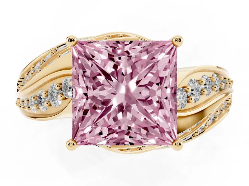 Fancy Pink Princess Cut Diamond Solitaire Ring Set in Yellow gold with Layered Twist Pavé Band