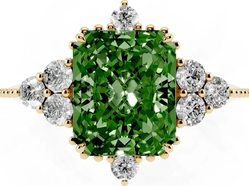 Fancy Green Radiant Cut Diamond Cluster Ring Set in Yellow gold with Beaded Band