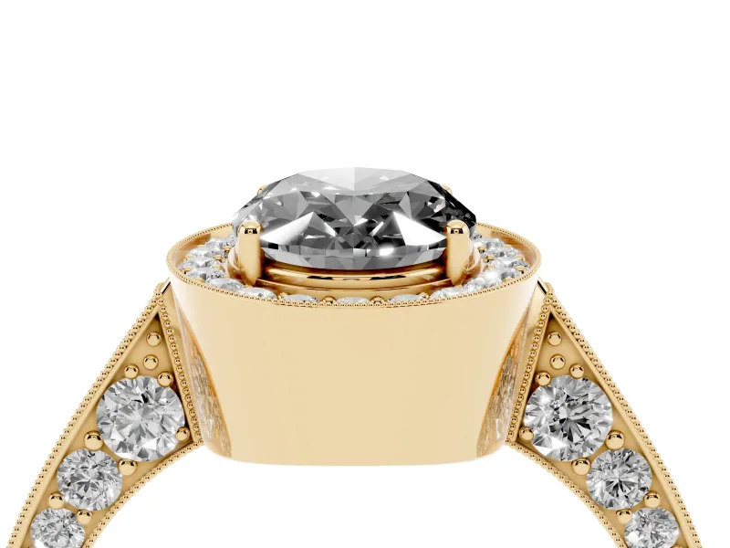 Oval Milgrain Halo Engagement Ring Setting for a Black Center | Side Stones | Yellow Gold