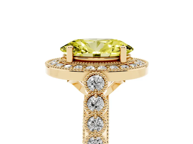 Fancy Yellow Oval Cut Diamond Milgrain Halo Solitaire Ring Set in Yellow gold with Bezel Set Side Stones and Pavé Band
