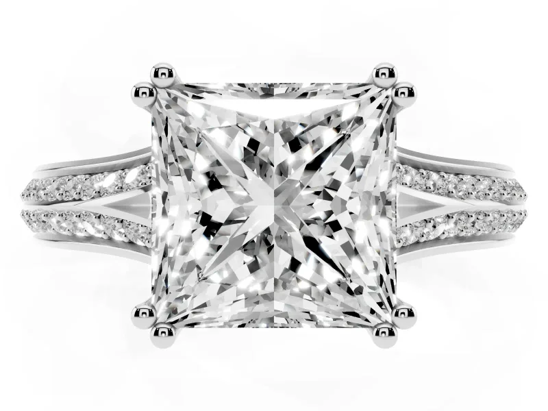 Princess Cut Pave Split Shank Engagement Ring Setting | Double Claw Prongs | Sterling Silver