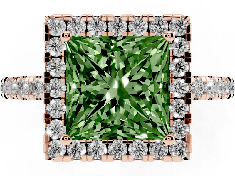 Fancy Green Princess Cut Diamond Pavé Band Halo Engagement Ring Set in Rose gold with Prong Setting