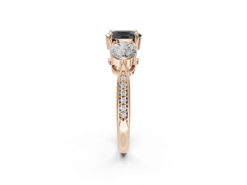 Fancy Black Cushion Cut Lab-Grown Diamond Three-Stone Ring Set in Rose Gold with Channel-Set Band and Prong Setting