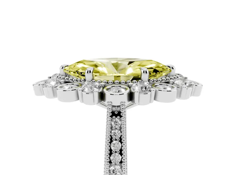 Fancy Yellow Marquise Cut Diamond Halo Milgrain Pavé Ring Set in White gold with Prong Setting