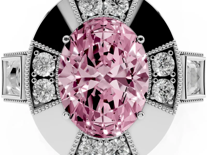 Fancy Pink Oval Cut Diamond Milgrain Halo Ring Set in Silver with Split Shank