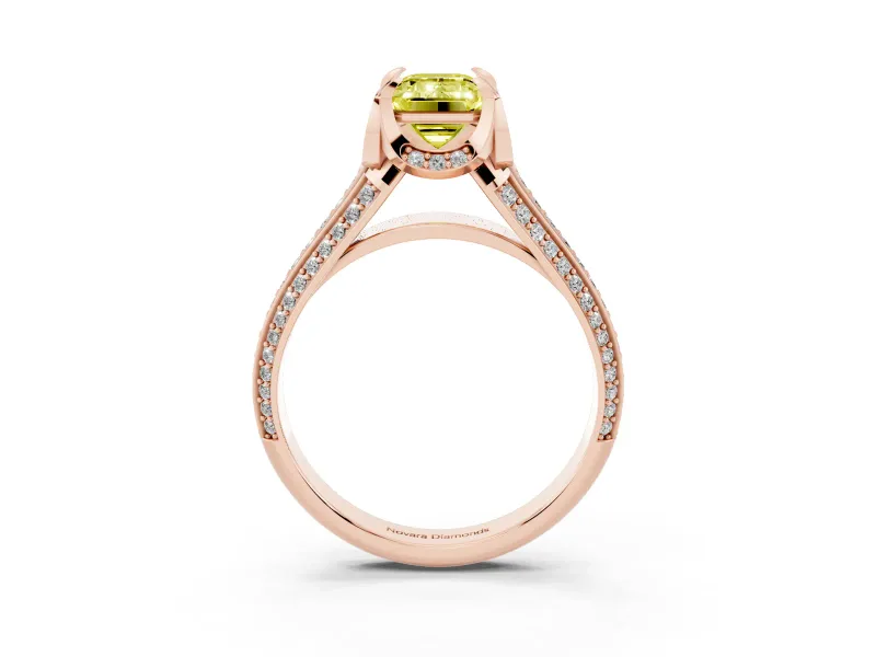 Emerald Cut Hidden Halo Engagement Ring Setting for a Fancy Yellow Lab-Grown Diamond | Triple Row Pavé Band | Rose Gold