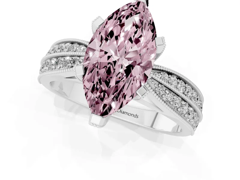 Fancy Pink Marquise Cut Diamond Solitaire Ring Set in White gold with Milgrain Double Row Round Pavé Band
