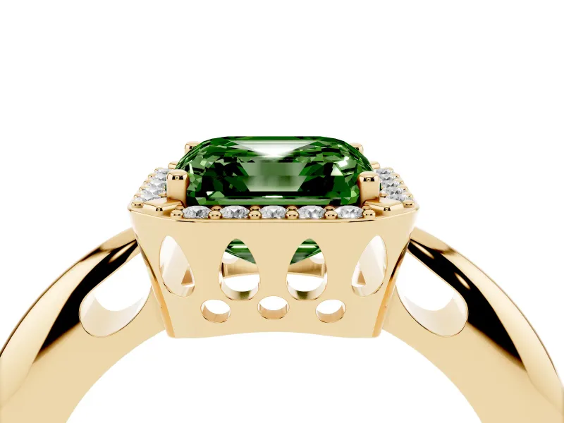 Fancy Green Asscher Cut Diamond Halo Engagement Ring Set in Yellow gold with Plain Split Shank and Prong Setting
