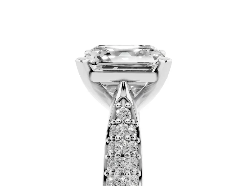 Asscher Cut Diamond Solitaire Engagement Ring Set in White gold with Multi-Row Round Pavé Band and Prong Setting