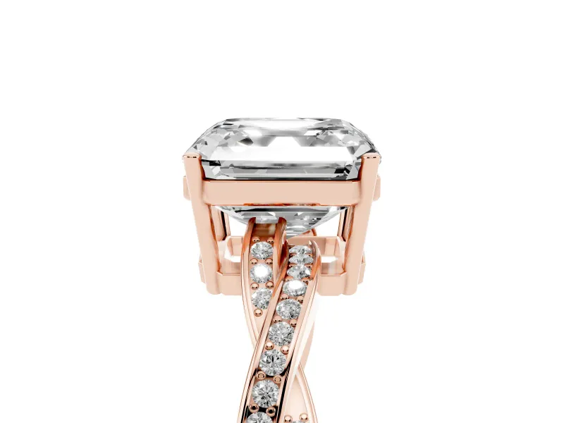 Asscher Cut Diamond Solitaire Twisted Pavé Ring Set in Rose gold with Prong Setting
