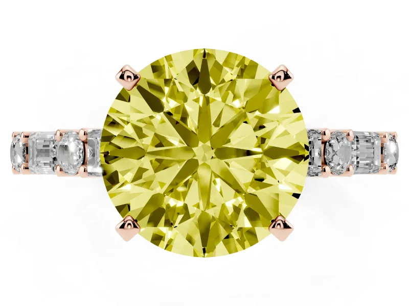 Fancy Yellow Round Cut Diamond Solitaire Set in Rose gold with Side Baguettes and Channel Set Band