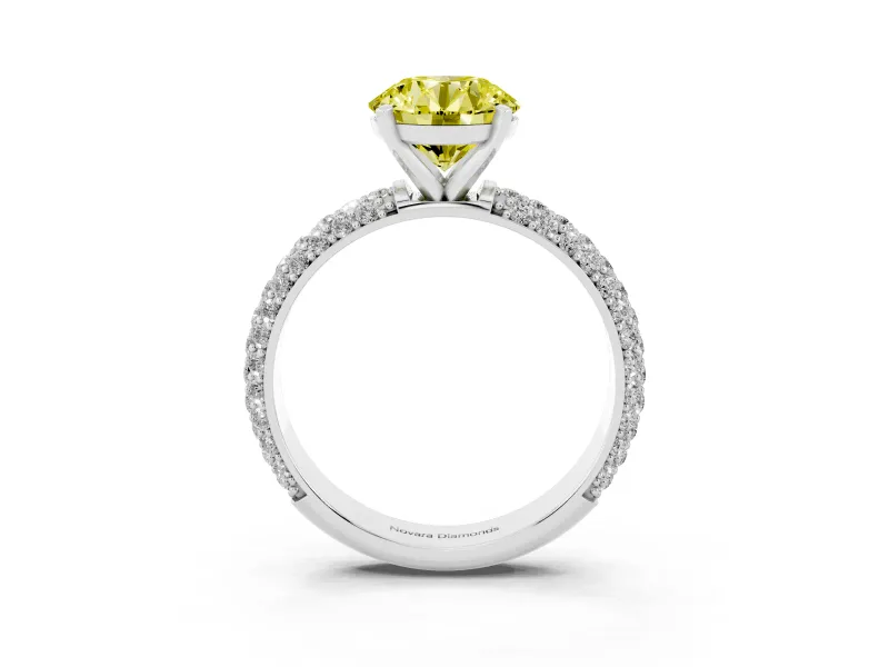 Fancy Yellow Round Cut Diamond Solitaire Ring Set in Silver with Prong Setting and Pavé-Set Band