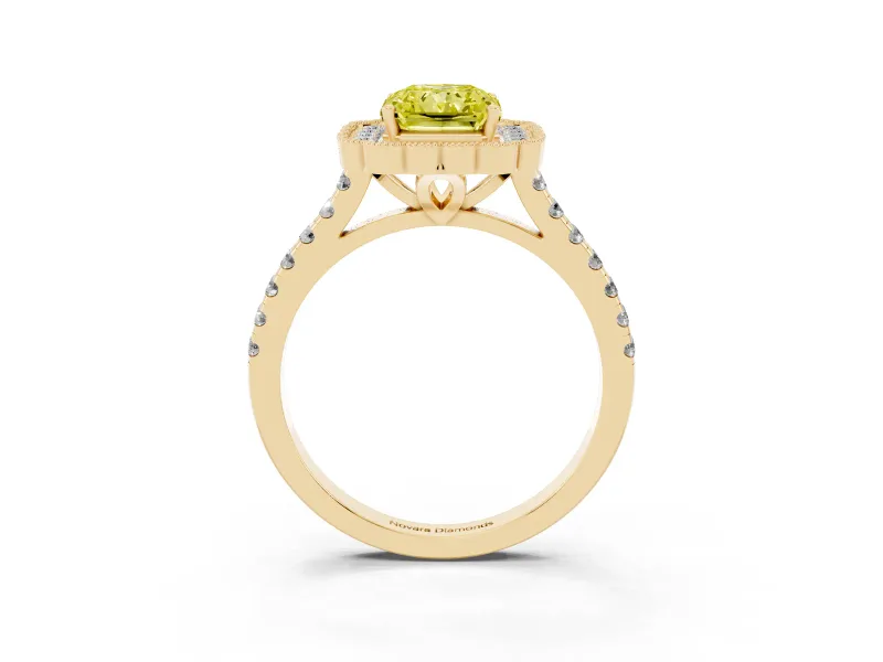 Fancy Yellow Radiant Cut Diamond Milgrain Floral Halo Engagement Ring Set in Yellow gold with Pavé Band