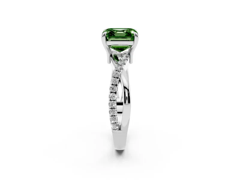 Fancy Green Asscher Cut Diamond Twist Band Solitaire Set in White gold with Pavé Accents and Prong Setting