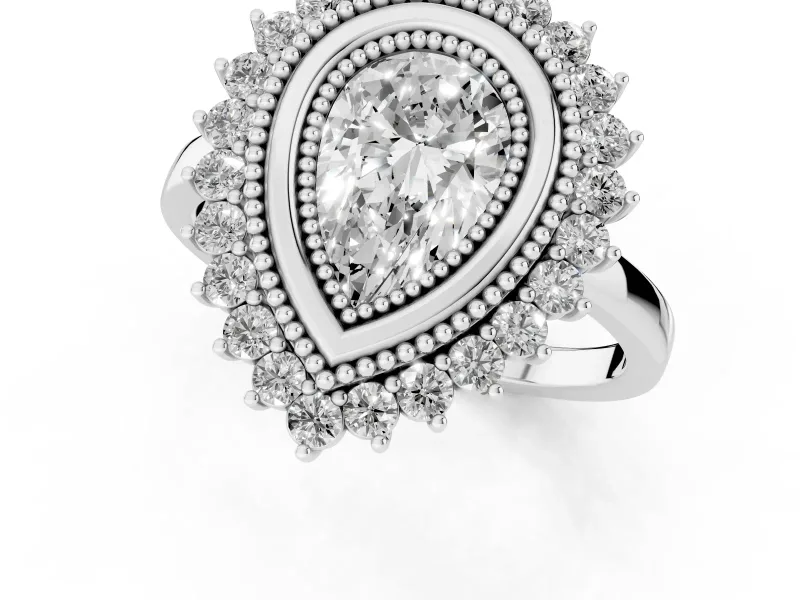 Pear Cut Diamond Halo Ring Set in Silver with Milgrain Edge and Round Prong Setting