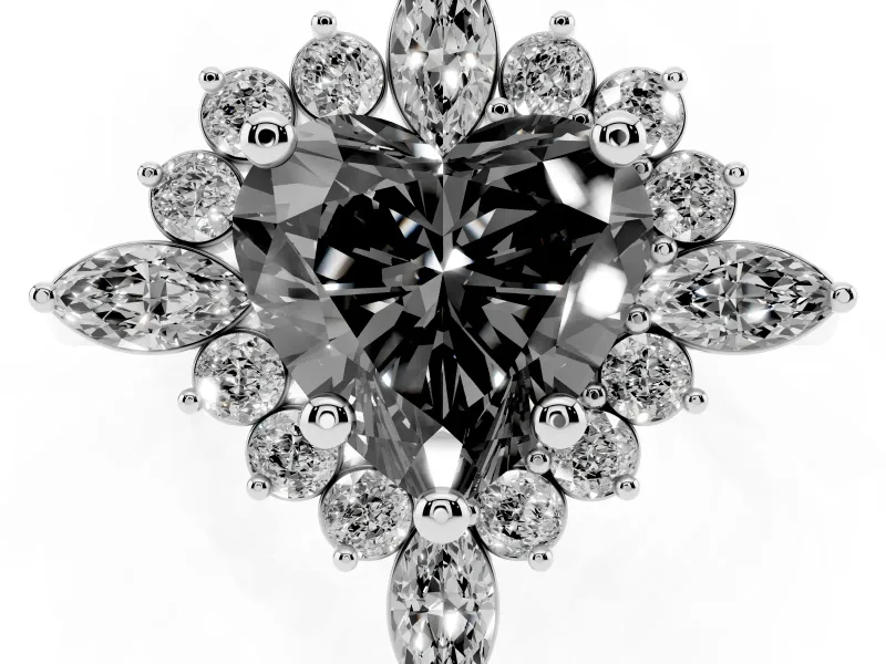 Fancy Black Heart Cut Diamond Cluster Halo Ring Set in Silver with Marquise and Round Accents