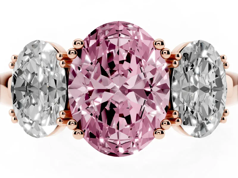Oval Three Stone Engagement Ring Setting for a Fancy Pink Lab-Grown Diamond | Double Claw Head | Rose Gold
