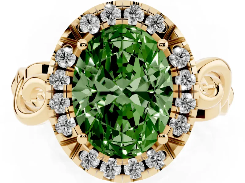 Fancy Green Oval Cut Diamond Halo Ring Set in Yellow gold with Scrollwork Band and Prong Setting