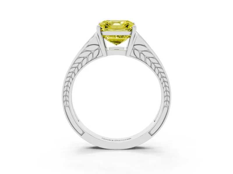 Fancy Yellow Asscher Cut Diamond Split Shank Ring Set in Silver with Pavé Band and Prong Setting