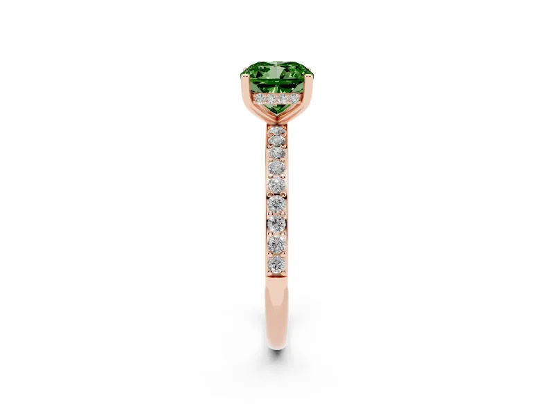 Fancy Green Cushion Cut Diamond Pavé Band Ring Set in Rose gold with Prong-Set Center Stone